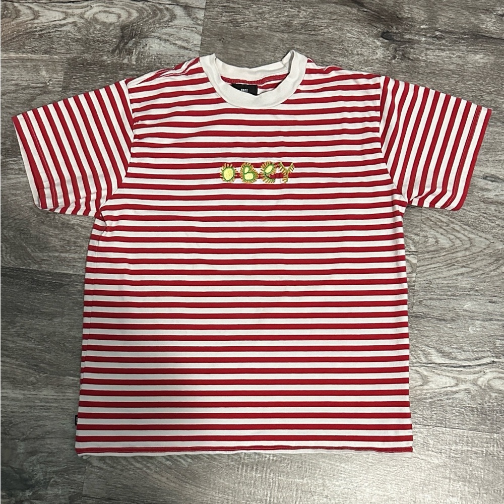 OBEY Red and White Striped T-Shirt